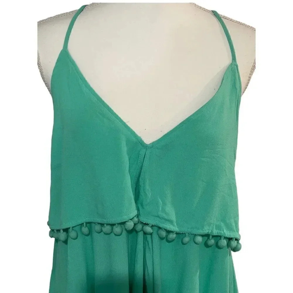 Loveriche size L NWT aqua green tank dress w/spaghetti straps and Pom-Pom trim - Picture 4 of 10